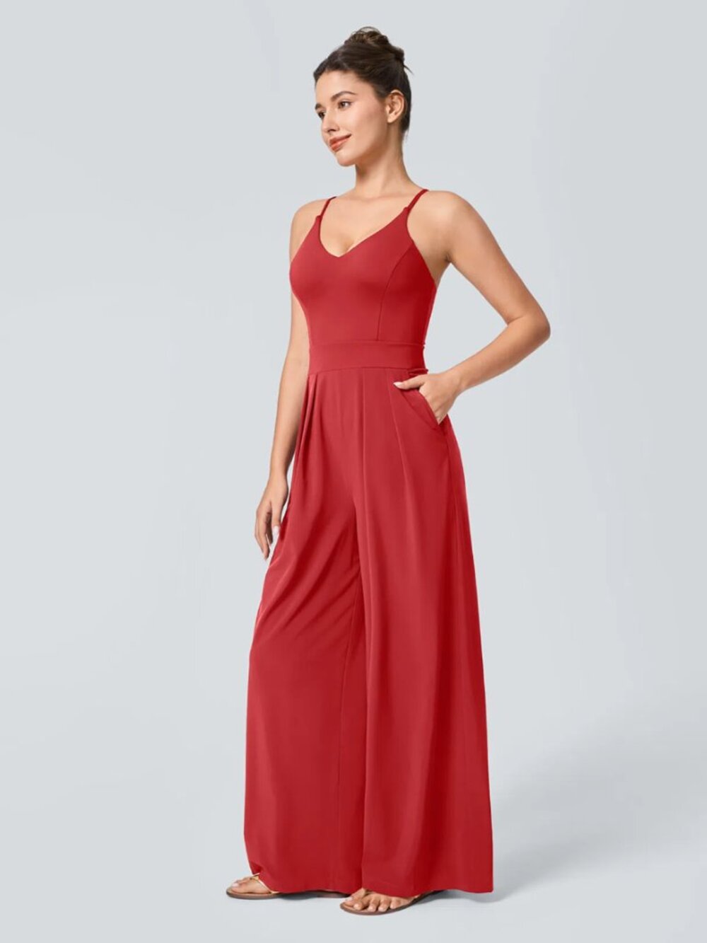 HALARA Red Wide-Leg Jumpsuit with V-Neck